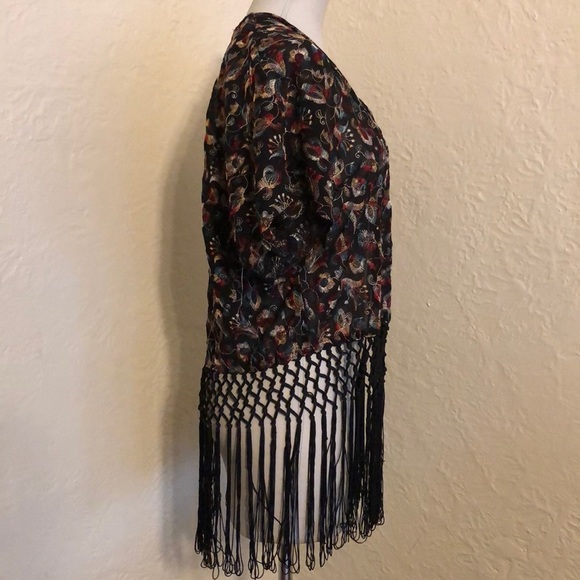 Forever 21 Embroidered Fringed Kimono Black Red Blue Wrap Swim Cover Up - Picture 6 of 10